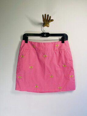 J. Crew Pink & White Gingham Skirt With Embroidered Green Dragonflies Size 4
